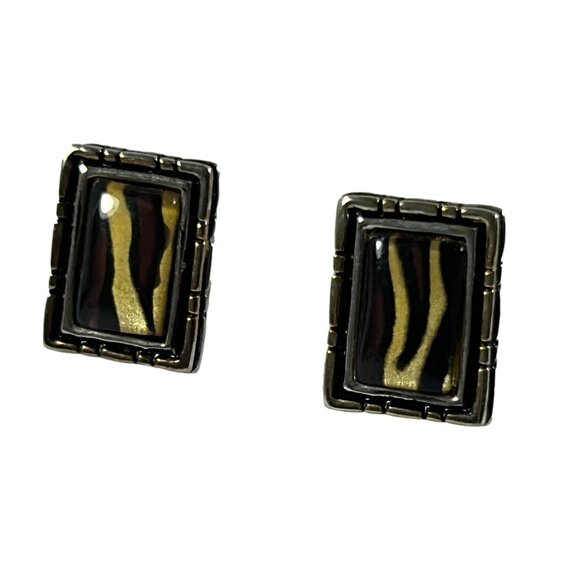 Faux Tigers Eye Silver Tone Border Rectangular Earrings .5" No Backs Classic - Picture 8 of 8